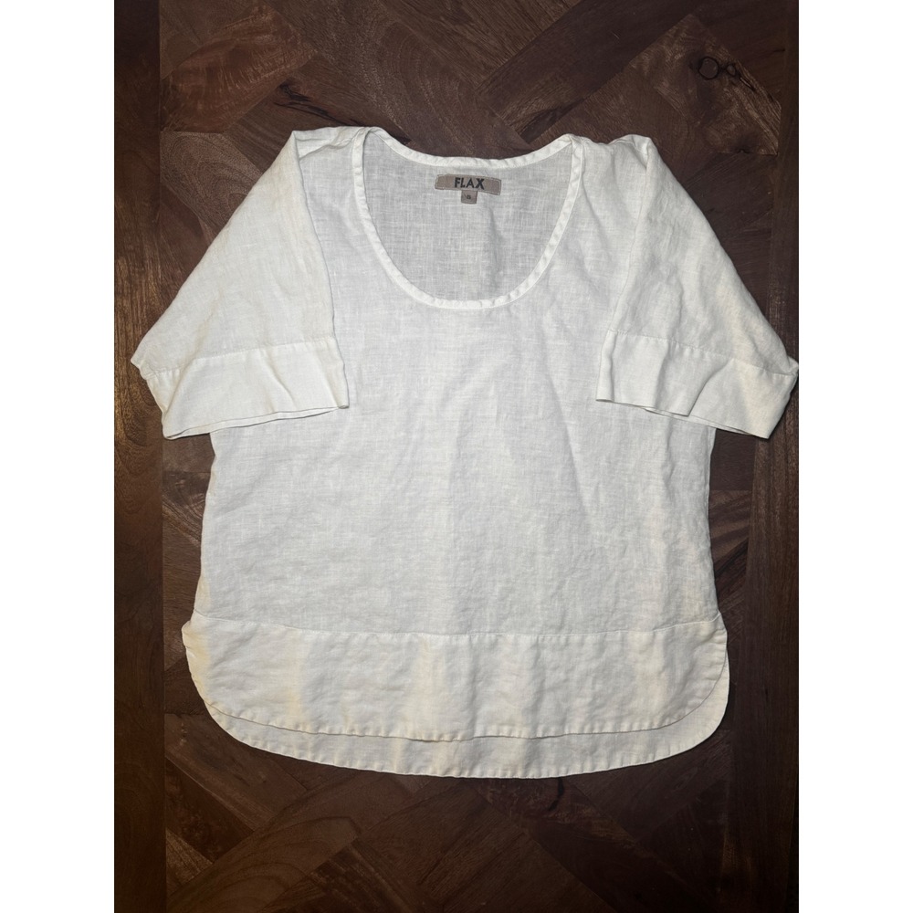 FLAX White 100% Linen Scoop Neck Short Sleeve Curved Hem Boho Coastal Top Small